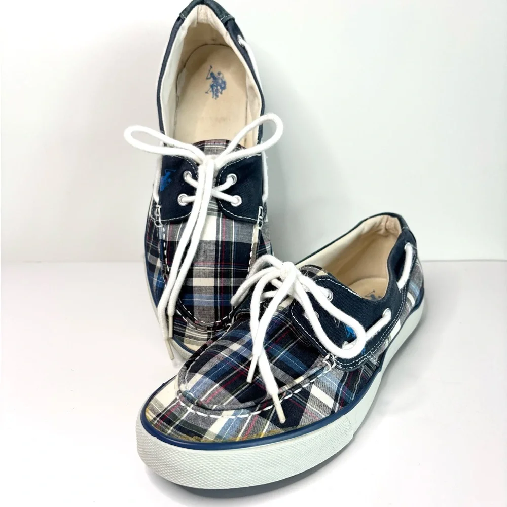 Polo by Ralph Lauren Plaid Canvas Boat Shoes in Navy, White